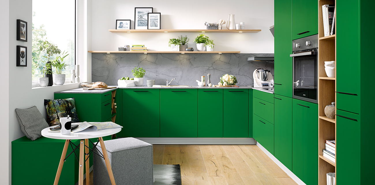 For a bold colourful kitchen try Biella L485 Moss Green Satin